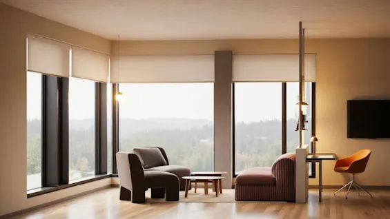 A modern, spacious room with large windows offering a panoramic view of a lush forest, furnished with comfortable seating and a workspace.