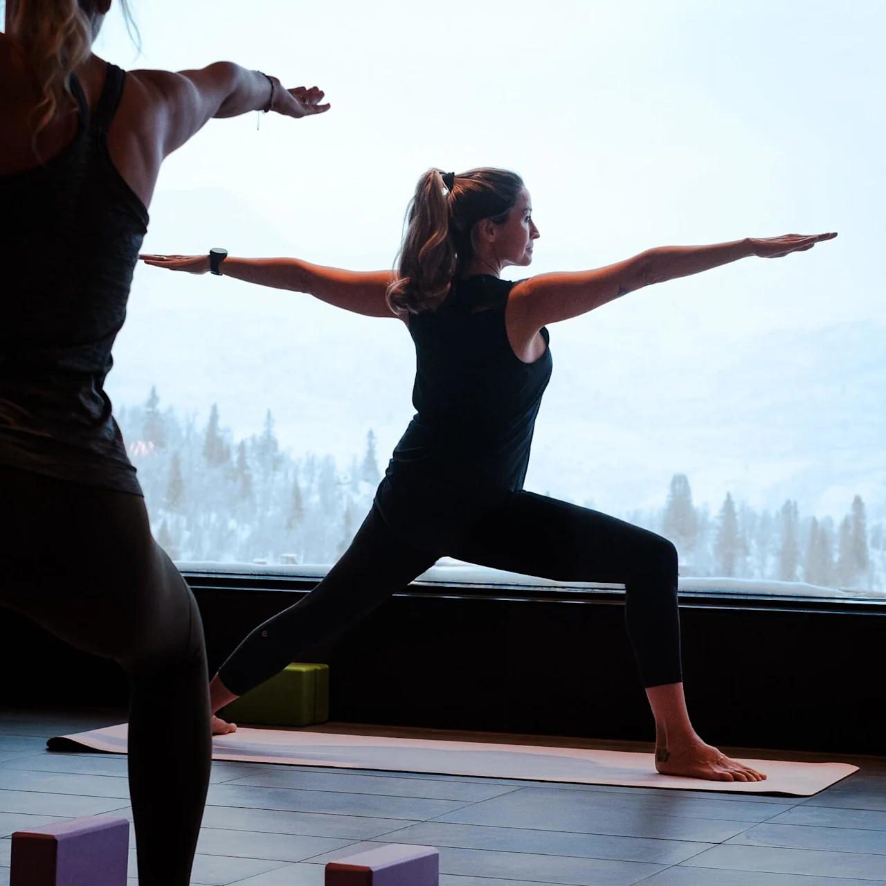 A person performs a warrior yoga pose on a mat near a window with a snowy landscape view. Another person is partially visible, mirroring the pose.