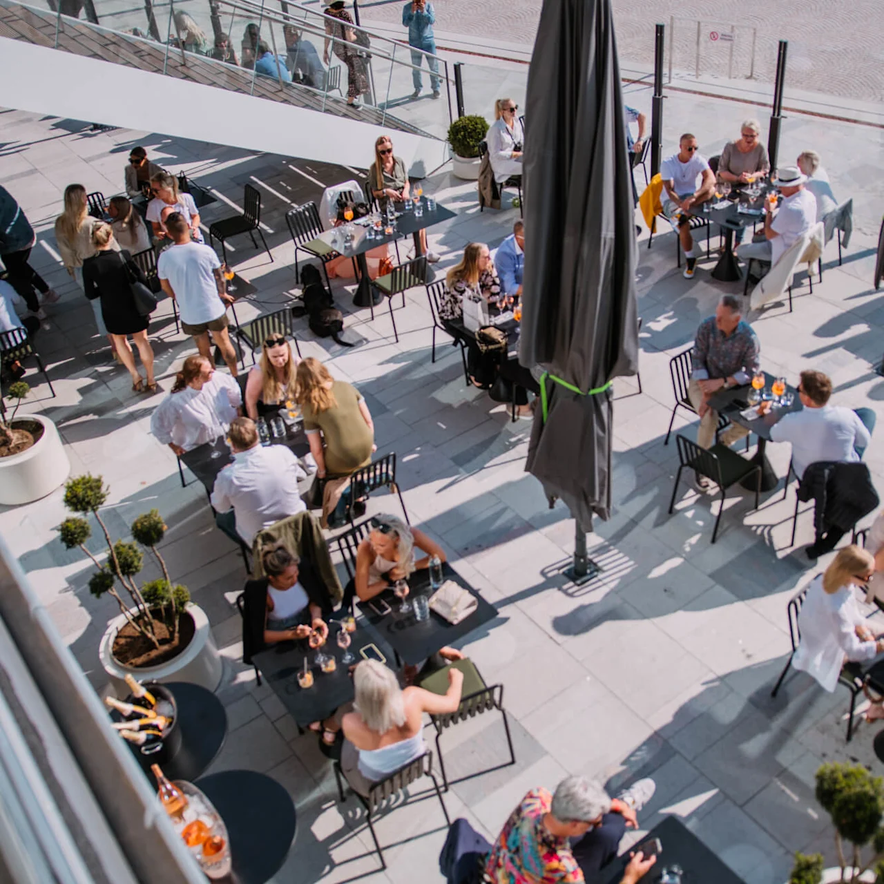 Folk sitter og prater ved utendørs kafébord, nyter drikke under store parasoller på en solrik dag. Potteplanter plassert rundt sitteområdet.