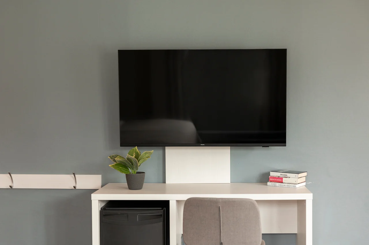 A wall-mounted television above a desk with a plant, books, and a chair, creating a functional and relaxing space.