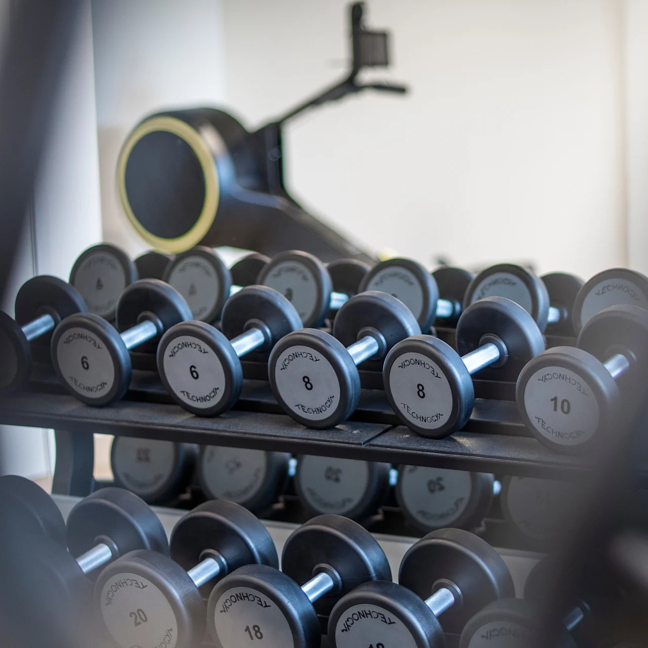 Hantlar ligger på ett ställ, med olika vikter: 4, 6, 8, 10, 18, 20, 22 kg från "TECHNOGYM," i en gymmiljö med träningsutrustning i bakgrunden.