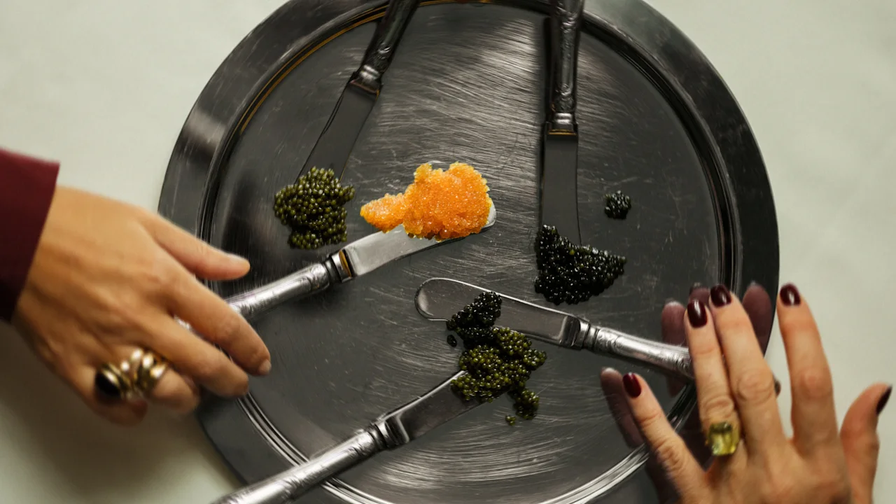 Hotel Kämp – À La Kämp. Kädet kurkottavat hopeatarjottimelle, jossa on erilaisia kaviaareja ja tarjoiluveitsiä, valmiina nautittavaksi.