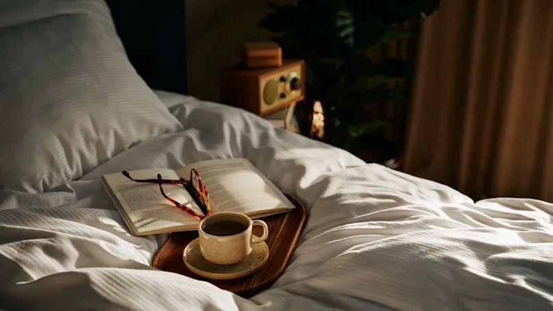 A book and eyeglasses rest on a bed tray with a steaming coffee cup, surrounded by white bedding in a cozy bedroom, softly lit by natural light.