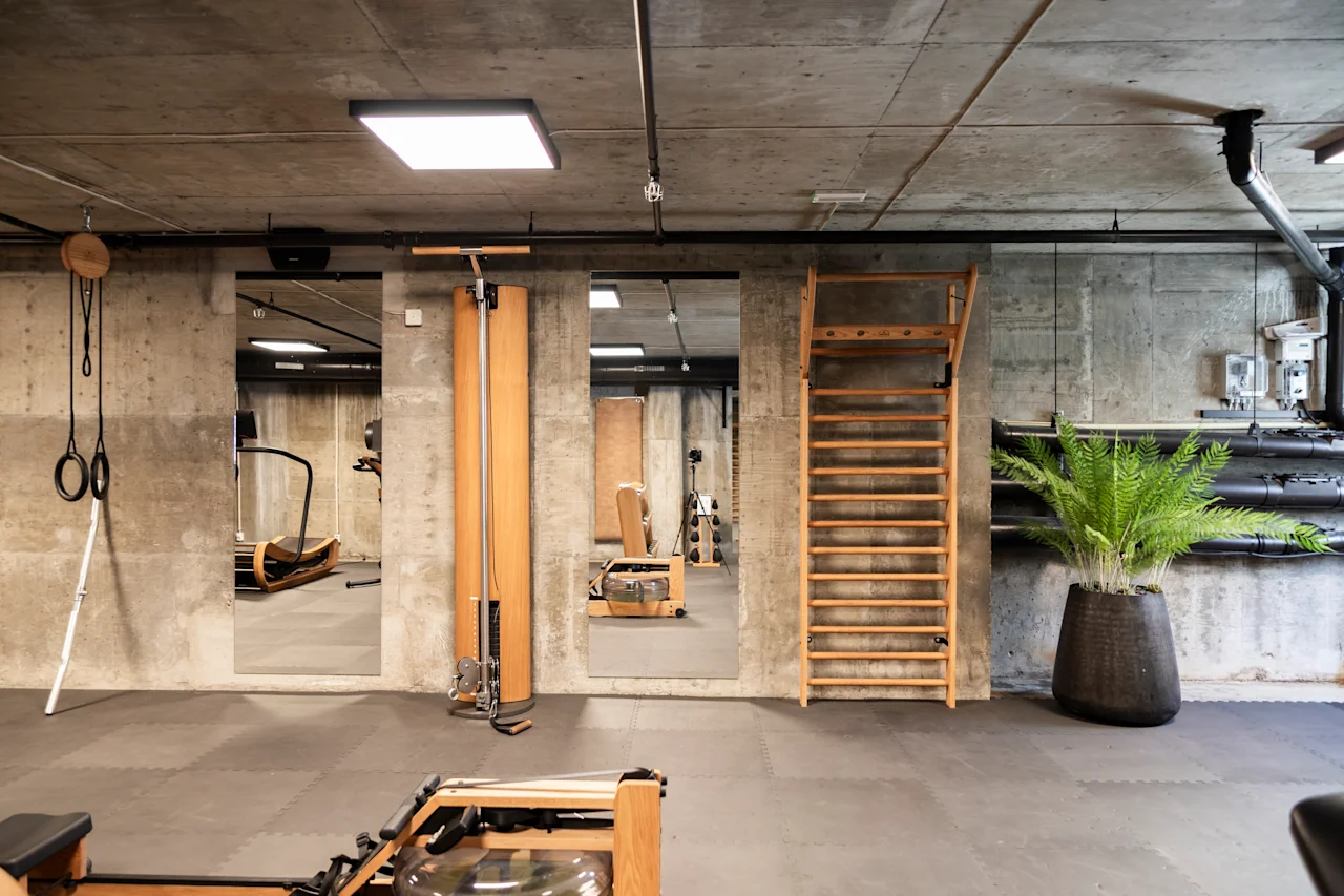 Gymutrustning, inklusive ringar, en klätterstege och en roddmaskin, är arrangerad i ett rum med betongväggar. En stor krukväxt tillför en naturlig känsla.