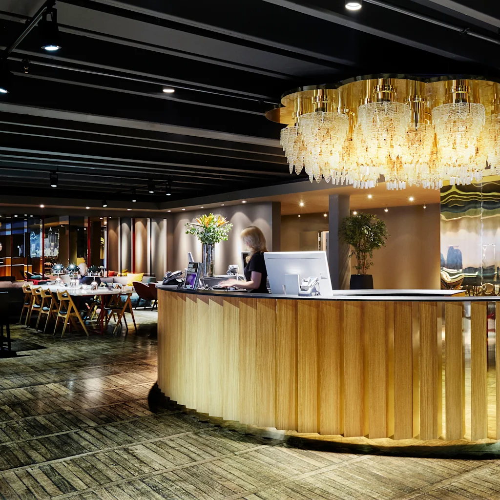 Clarion Hotel Amaranten, lobby, chandelier, reception, tables