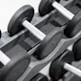 Dumbbells neatly arranged on a rack, suggesting a well-equipped fitness area for strength training.