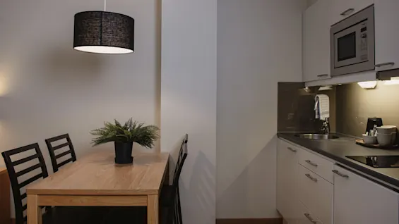 A wooden dining table with chairs and a potted plant sits under a black pendant lamp in a modern kitchen with white cabinets and built-in appliances.