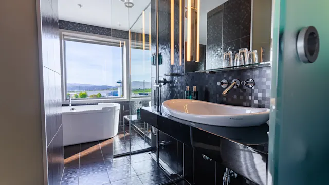 Elegant sink sits on a black counter, surrounded by mirrored walls and sleek lighting. Nearby, a bathtub is set against a window with a scenic outdoor view.