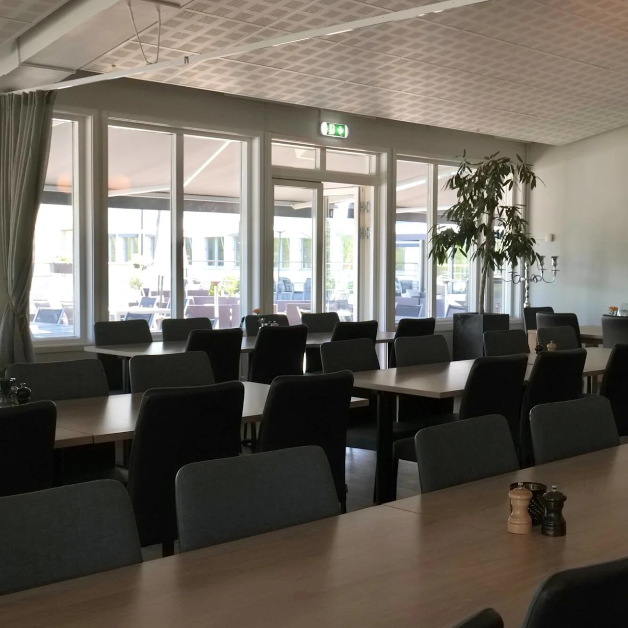 Borde og stole fylder et moderne spisested, belyst af loftslamper, med en potteplante nær store vinduer, der viser en udendørs terrasse. Et lille udgangsskilt er synligt.