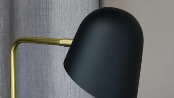 A black lampshade on a brass stand extends from the left, set against a grey curtain backdrop and beige wall.