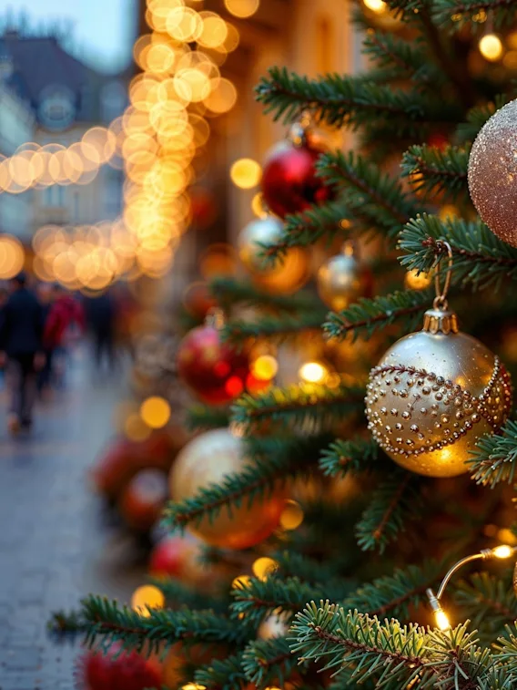 Nærbilde av gylne julekuler på et tre med varme julelys og en uskarp gate i bakgrunnen.