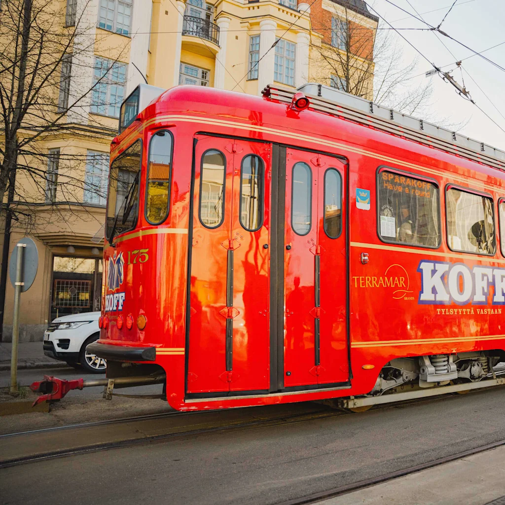 SpåraKOFF, a red tram and pub combined, in Helsinki.