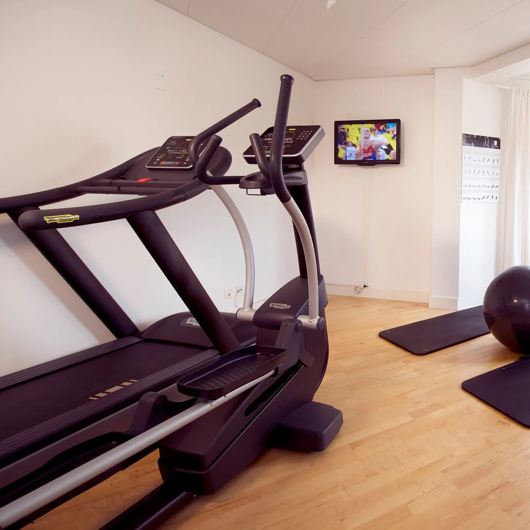 A treadmill and elliptical machine in a bright, compact home gym with mats, exercise balls, and resistance bands.