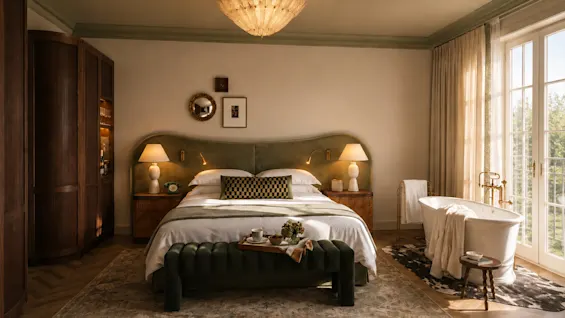 Ett lyxigt hotellrum med en stor säng, ett fristående badkar vid ett fönster och en bricka med förfriskningar.