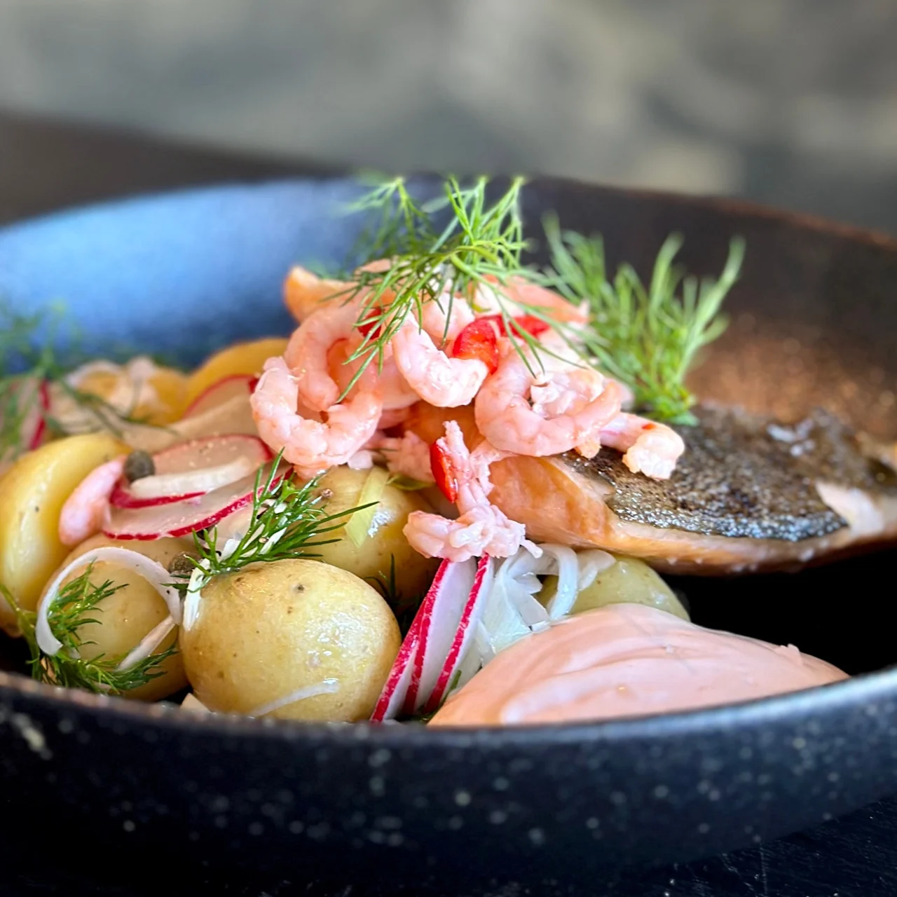 A black bowl contains baked salmon, shrimp, boiled potatoes, radishes, and dill. The ingredients are arranged artistically, suggesting a fresh, gourmet seafood dish.