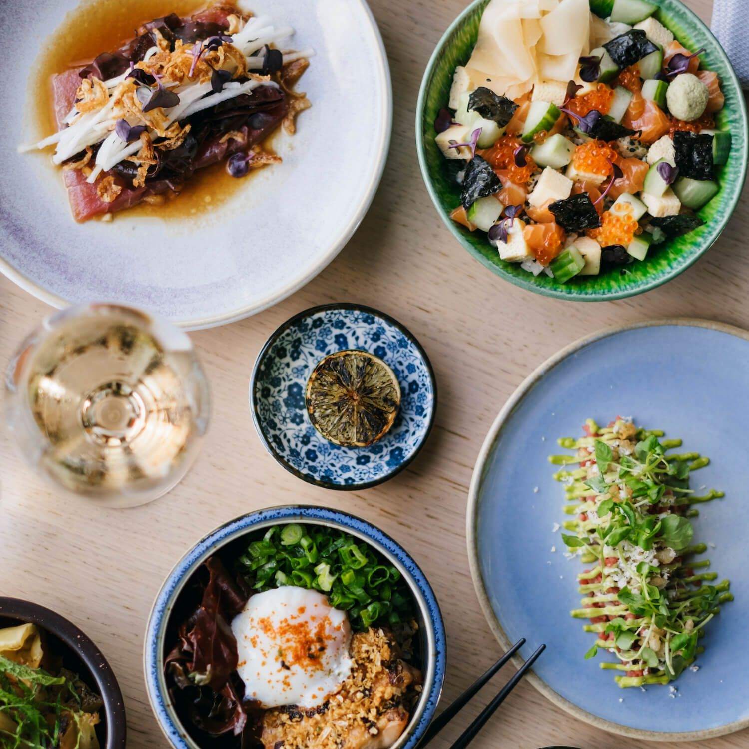 Colourful food on a table at restaurang TAK in Stockholm.