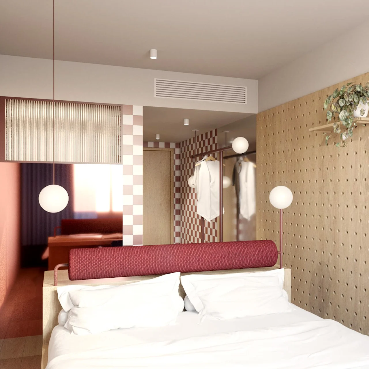 En seng med hvitt sengetøy er sentrert i et moderne rom. En plante på en perforert beige vegg, et speil og rutete fliser forbedrer det minimalistiske designet.