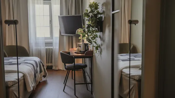 Ett välkomnande hotellrum med en prydligt bäddad säng, en liten skrivbordsplats, en väggmonterad TV och en touch av grönska.