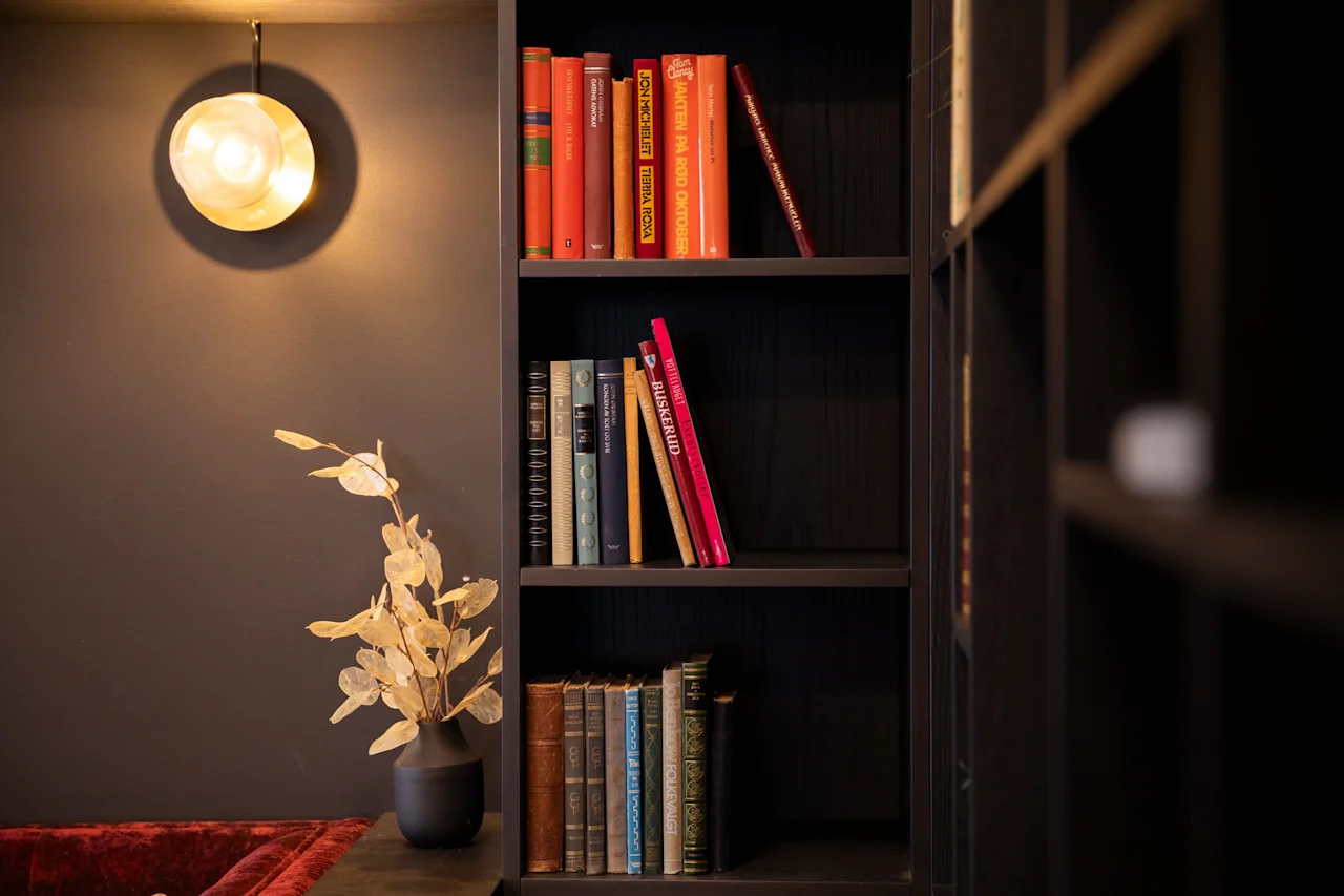 Et koselig hjørne med en mørk bokhylle fylt med bøker, en varm vegglampe og en dekorativ plante.