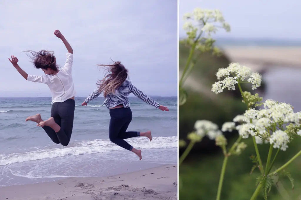 Two girls jumping next to flowers on the Sola beach