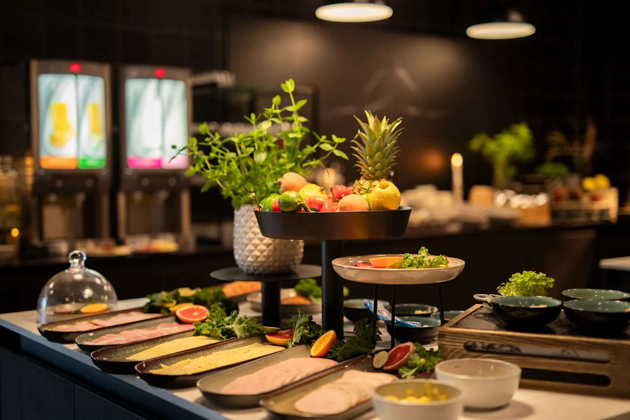 En livlig frokostbuffé med frisk frukt, pålegg og juicedispensere, klar for en herlig start på dagen.