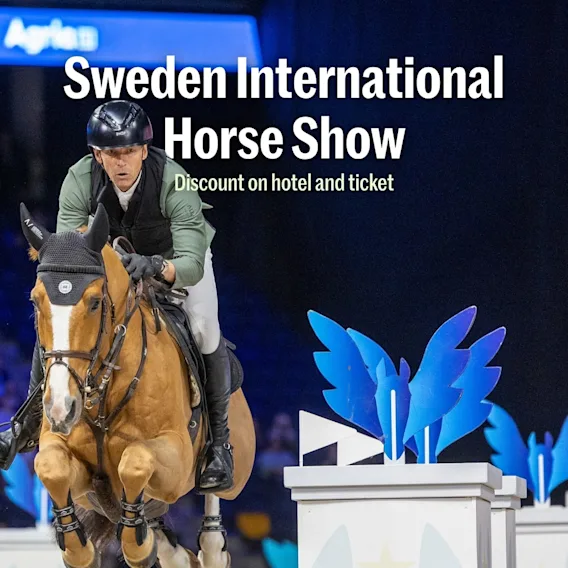 A rider jumping over an obstacle at Sweden International Horse Show with text about discount on hotel and ticket.