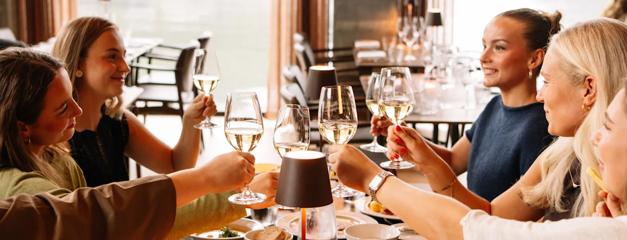 Venner der skåler med vin under en hyggelig middag på en restaurant med smuk udsigt over vandet.
