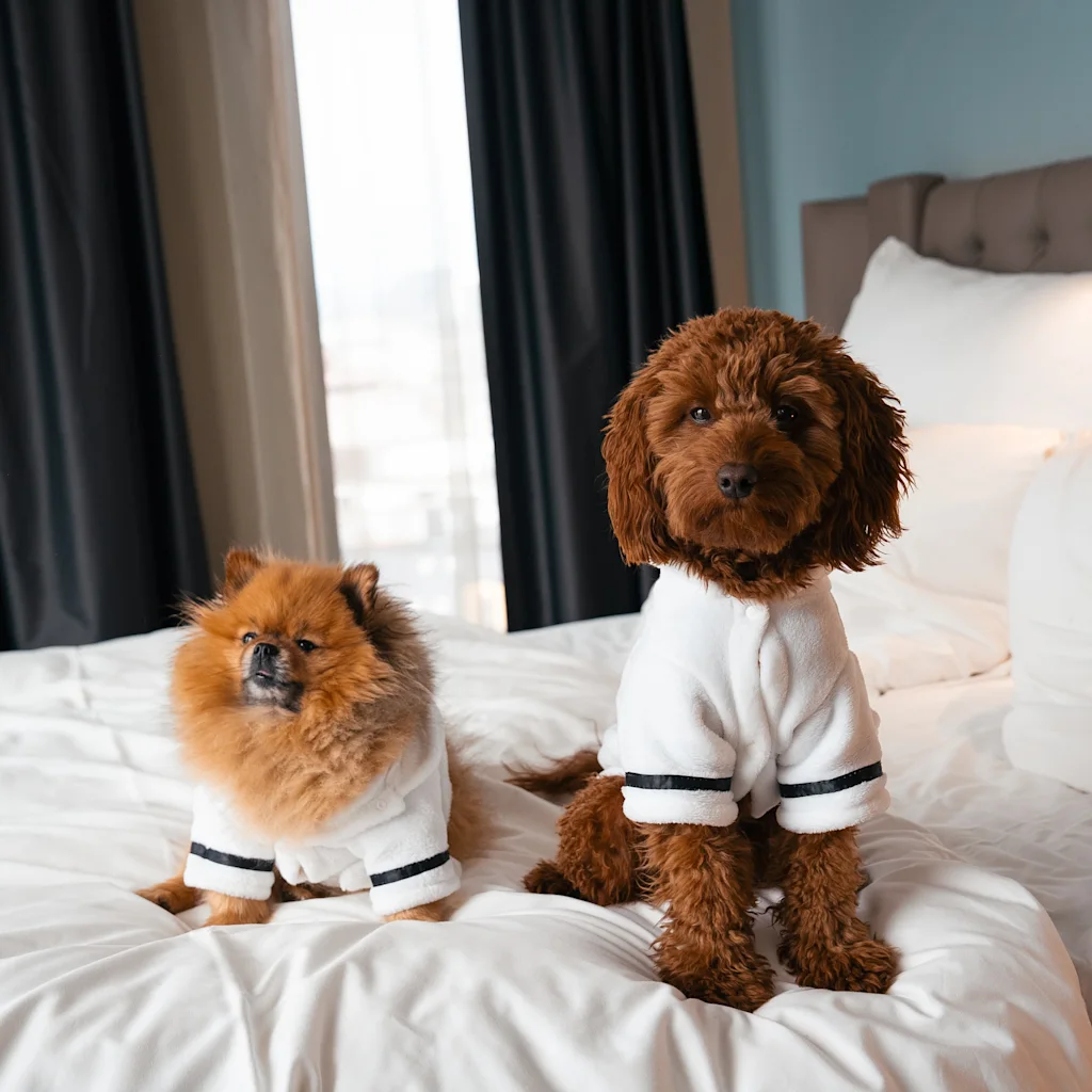Två söta hundar i vita morgonrockar kopplar av på en bekväm säng.