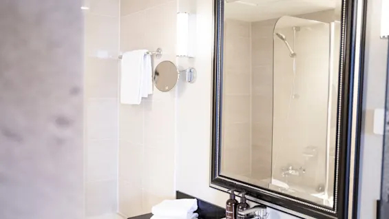 En badrum har en stor inramad spegel ovanför ett handfat med tvålpumpar. I bakgrunden syns ett kaklat duschutrymme med en handduk på en hållare.