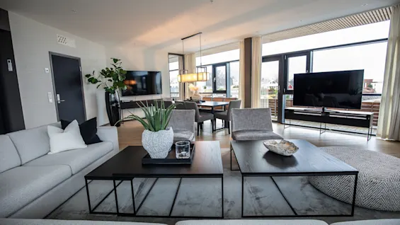 En moderne stue har en grå sofa med sorte puter, to sorte kaffebord med en plante og dekorative gjenstander, ved siden av store vinduer og en spiseplass.