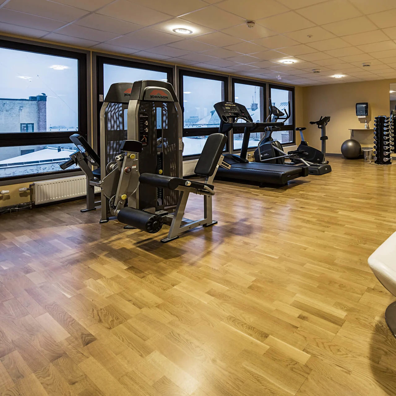 Exercise equipment in a gym with treadmills, weight machines, and free weights with large windows providing natural light.