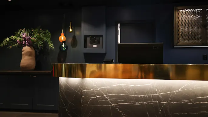 A marble and brass desk stands in a dimly lit reception area; a vase with foliage and modern hanging lights decorate the dark background.