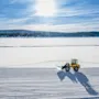 En gul bulldozer kører over et vidstrakt, solbelyst snedækket landskab, og skaber mønstrede spor i forgrunden, mens fjerne snedækkede bakker markerer horisonten under en klar blå himmel.