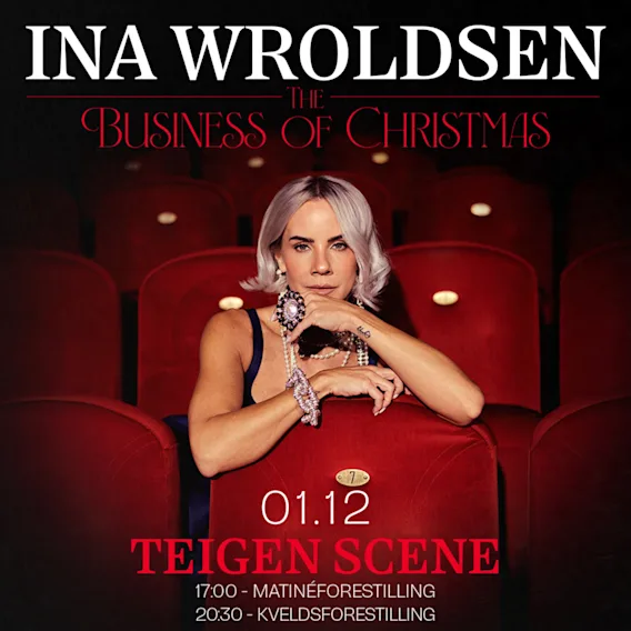 En person i et rødt teatersete. Tekst: The Business of Christmas, 01.12, 17:00 Matineforestilling, 20:30 Kveldsforestilling.