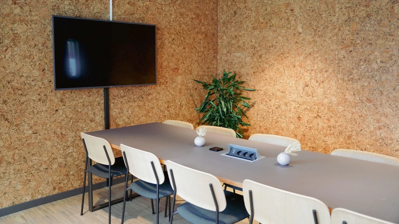 A meeting room with a large table, chairs, and a TV on a cork wall, with a plant nearby.