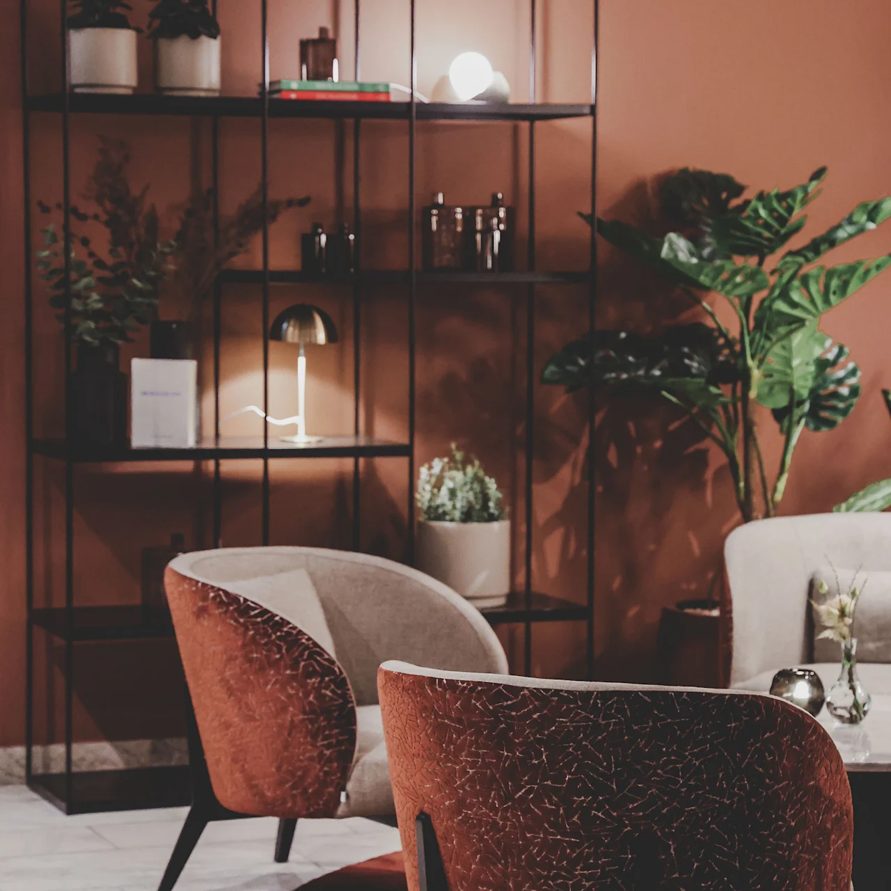 Two cushioned chairs sit on a circular rug, facing a metal shelf with decorative items, plants, and a lamp. A large plant adds greenery to the warm, ambient room.