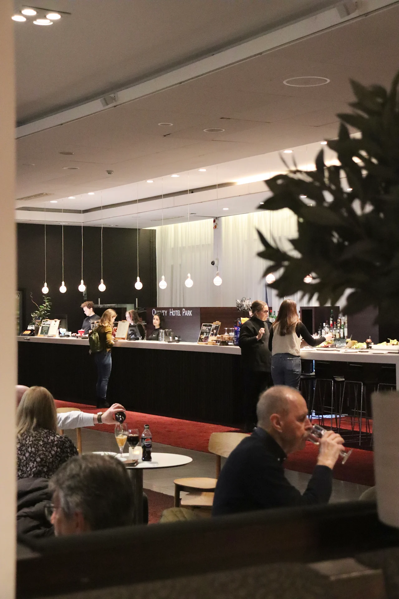 A bar counter with people ordering and drinking, illuminated by hanging lights. The background shows "Quality Hotel Park," and the foreground includes seated patrons at tables.