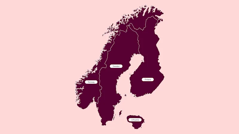 Karta som visar Norge, Sverige, Finland och Litauen, avgränsade i mörkrött på en rosa bakgrund.