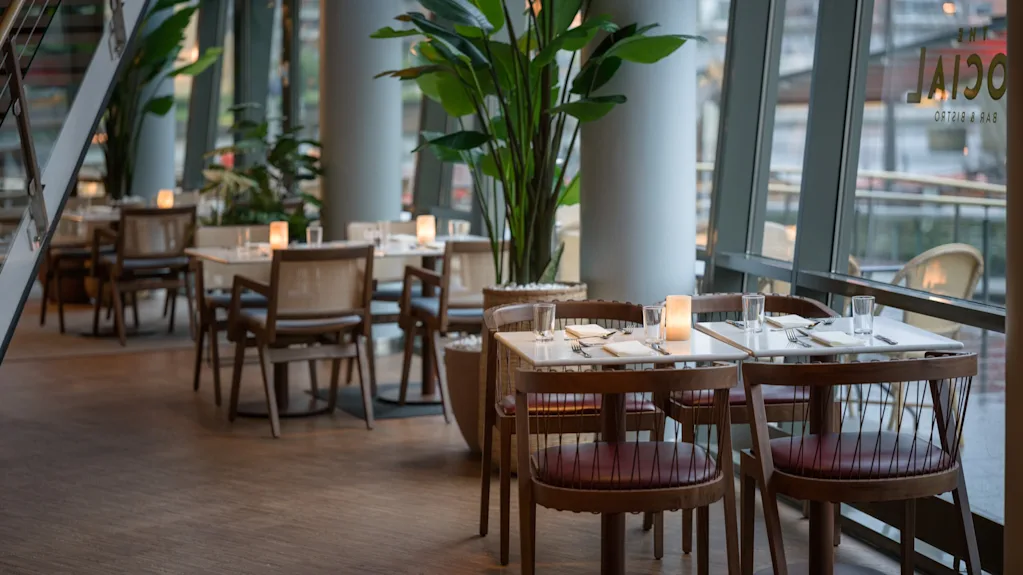 Tables set with cutlery and candles are placed alongside a window in a modern restaurant, adorned with large green plants. Visible text: "The Social Bar & Bistro".