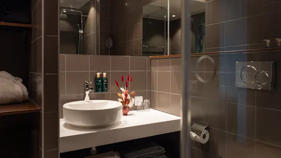 En vit vask står på en bänkskiva, omgiven av toalettartiklar och dekorativa element, mot bruna kakelväggar. Hyllor nedanför har vikta handdukar, med en dusch synlig i bakgrunden.