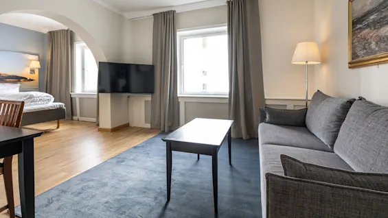 En grå sofa står i en moderne stue, ledsaget af et rektangulært sofabord, fladskærms-TV, lampe og stort vindue med gardiner; en seng er synlig gennem en buegang.