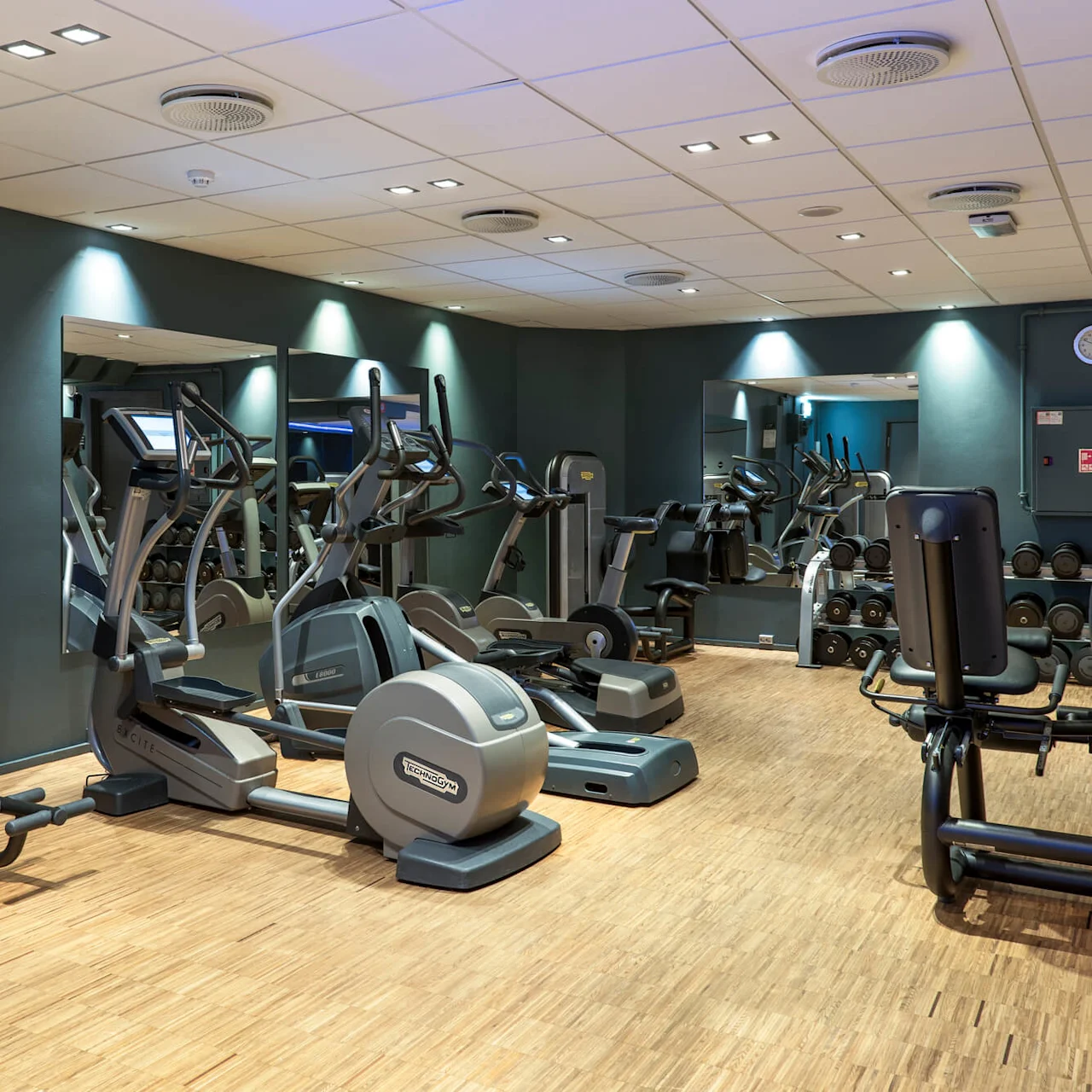Löpband och ellipstränare står oanvända på trägolvet i ett väl upplyst gym, omgivna av speglar och vikthyllor.