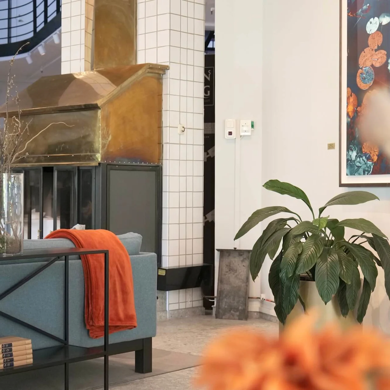 En sofa med et orange tæppe hviler tæt på en gylden pejs. Bøger er stablet på en hylde. En potteplante pynter det moderne stueområde.