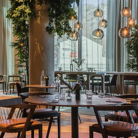 Runda bord med glasflaskor och glas, omgivna av trästolar i en modern restaurang. Hänglampor med exponerade glödlampor hänger ovanför, och gröna växter pryder rummet.