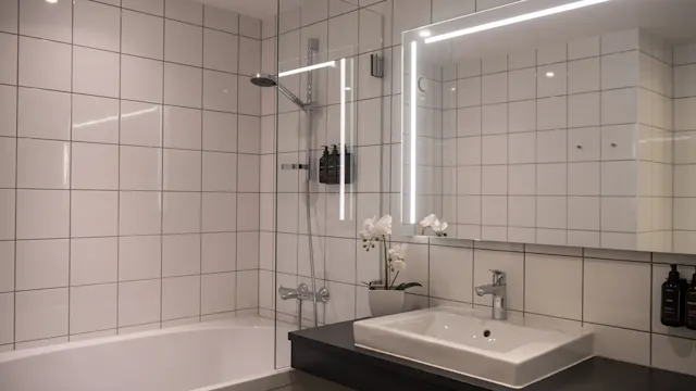 A bathroom features a bathtub with a shower, a large mirror, and a white sink on a black countertop. The walls are tiled, and there's a potted plant for decoration.