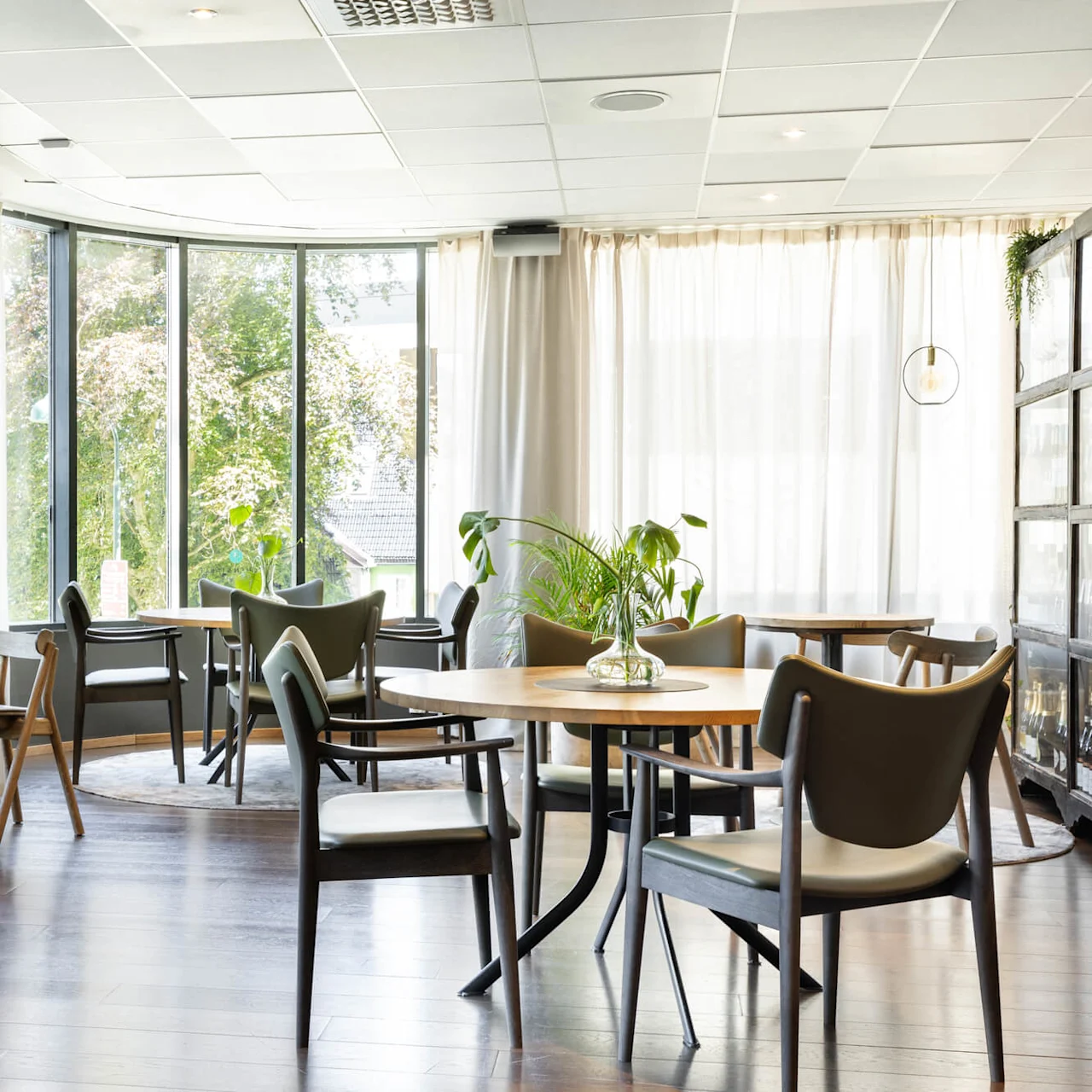 Spacious dining area features round wooden tables and chairs, bathed in natural light from large windows. Potted plants add a touch of greenery, enhancing the airy atmosphere.