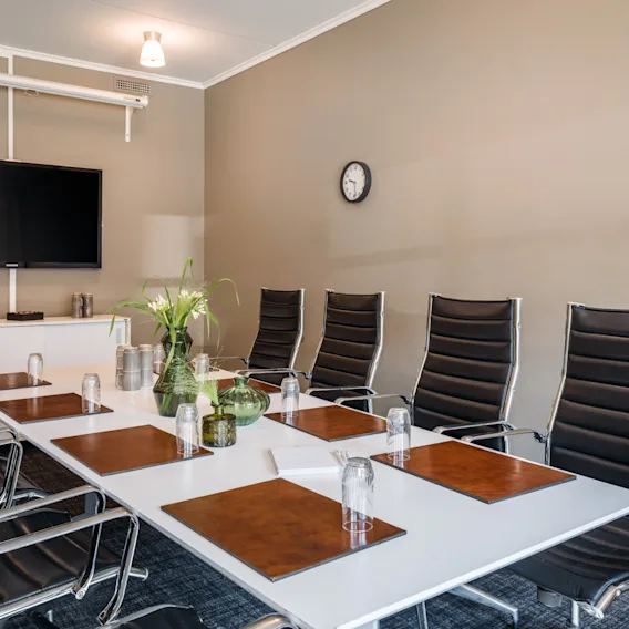 A modern conference room with a long table, black chairs, a TV screen, and decorative plants, ready for a meeting.