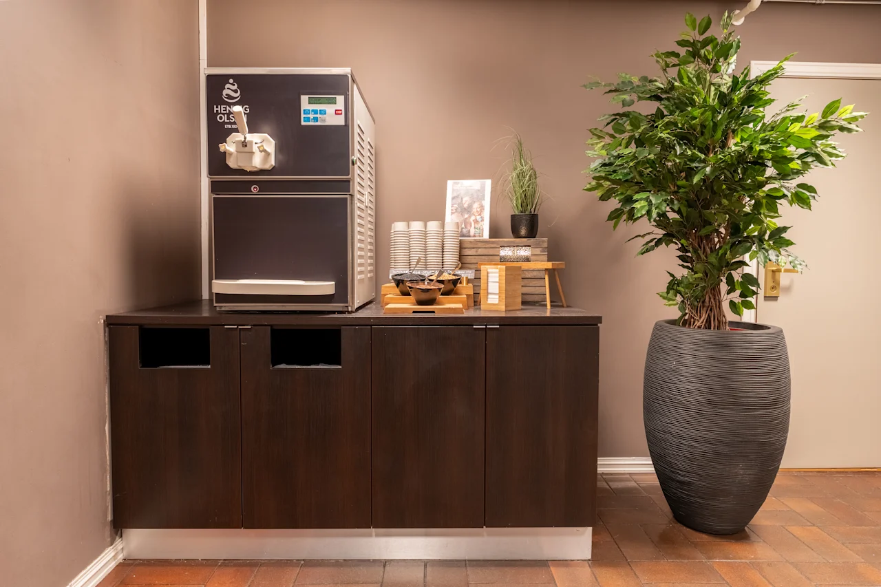 Quality Hotel Sagan itsepalvelupiste, jossa on pehmytjäätelökone merkinnällä HEN G OLS, kuppeja, täytteitä ja suuri kasvi.