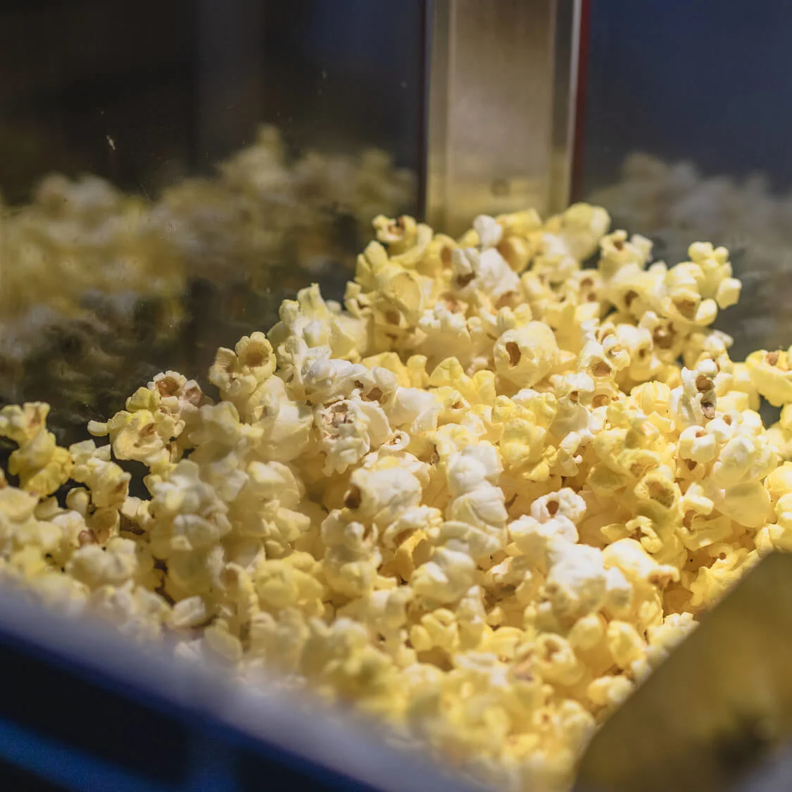 Popcorn is being churned in a metal popcorn machine, surrounded by a glass enclosure, creating a warm and inviting scene with buttery kernels.