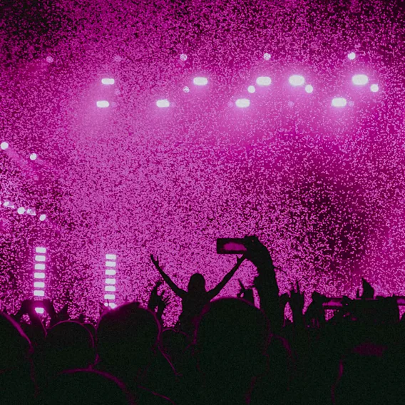 En folkmassa på en konsert, med upplyfta händer och mobiltelefoner, upplysta av rosa scenljus.